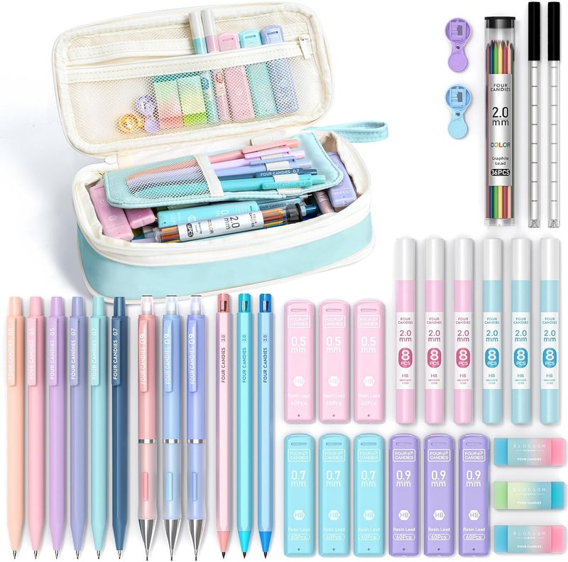 Four Candies 36PCS Aesthetic School Supplies, Mechanical Pencil Set 0.5mm, 0.7mm, 0.9mm & 2.0mm with 624 Lead Refills, Back to School Supplies for Writing & Drawing, Ideal Stationary Set Gift (Blue) - Image 1